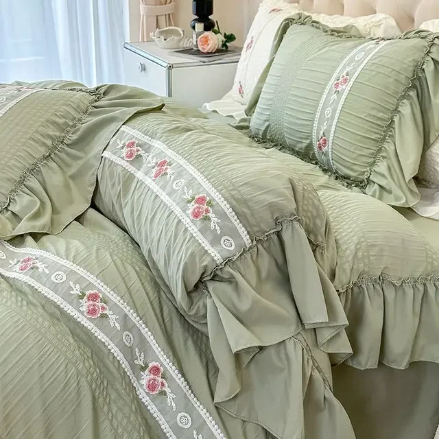 Beautiful Lace Bedding Set Korean Style duvet cover set Soft Washed Cotton Comforter cover set girls women room for home decor