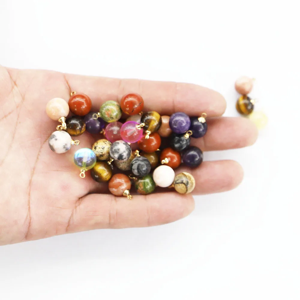 10MM Natural Stone Multicolor Ball Shape Gold Necklaces Pendants Charms Fashion Jewelry Earring Bracelet Making Wholesale 30Pcs