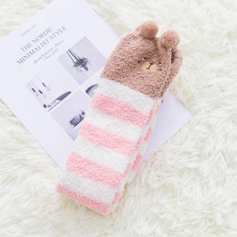 Women Striped Cartoon Socks Embroidered Animal Coral Fleece Sock Thickened Warm Women's Cute Sleep Over The Knee Socks Wholesale images - 6