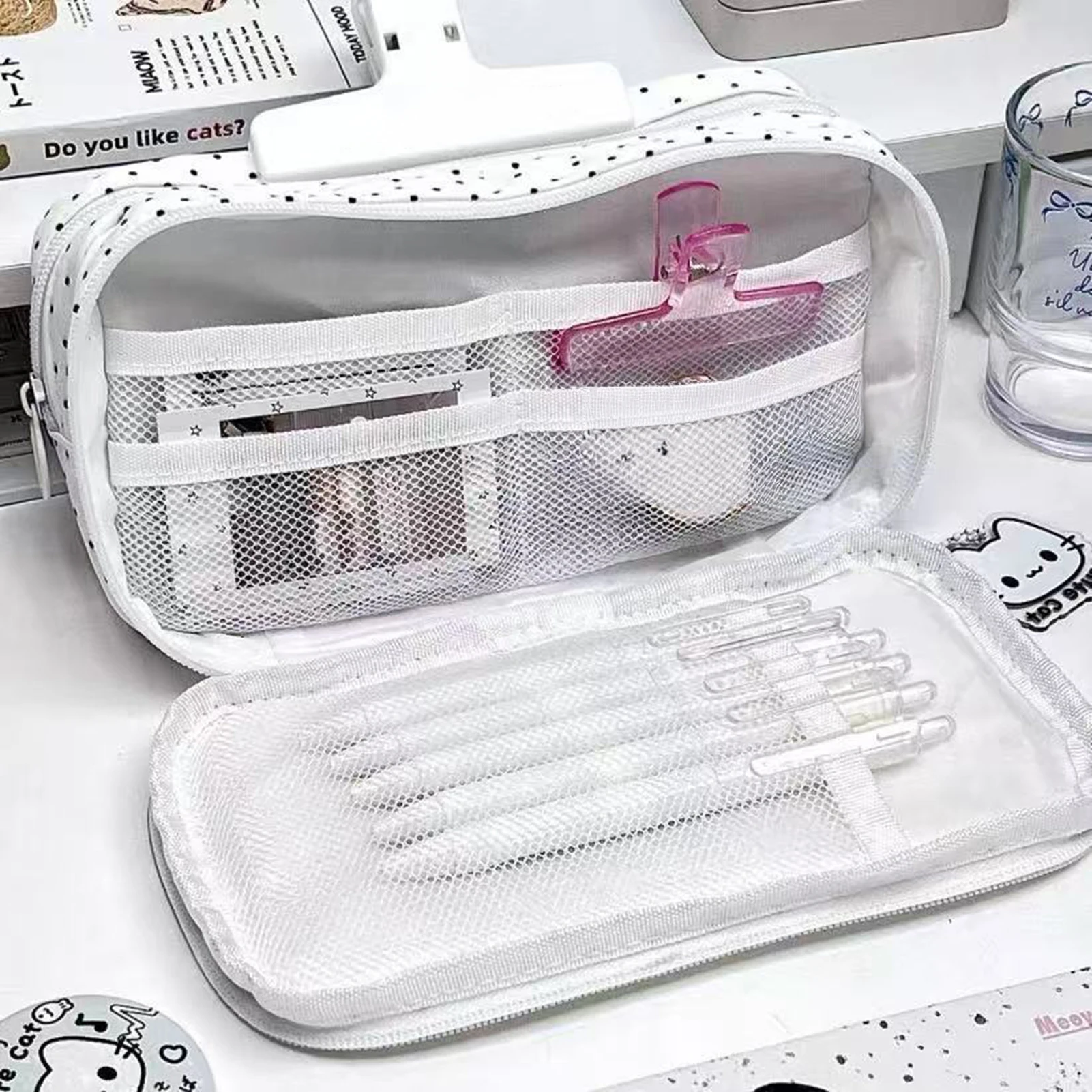 고양이 패턴 연필 케이스, 블루 폴카 도트 디자인 학생용 필통, 학교 용품, 다층 대용량 펜 가방