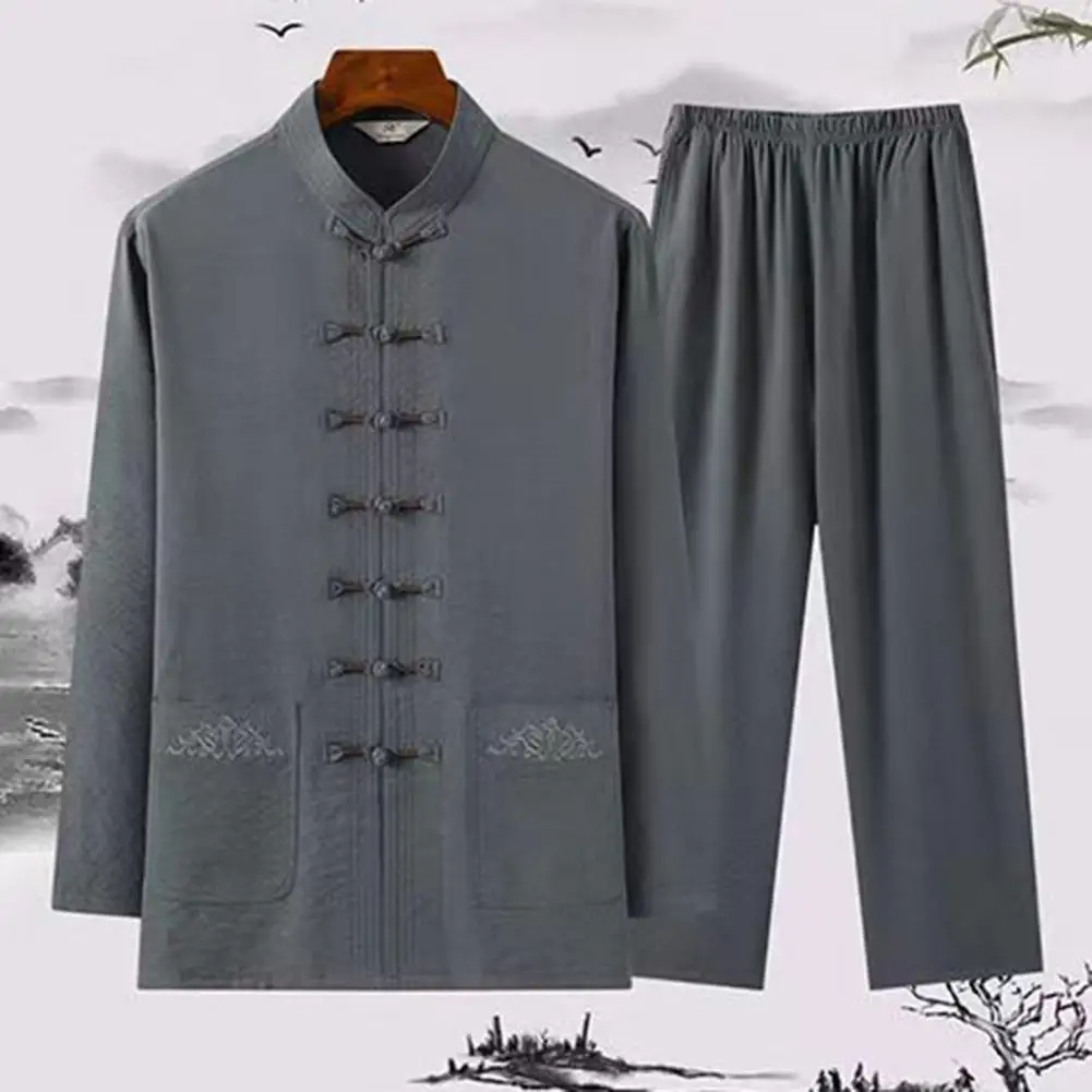 

Men Leisurewear Outfit Traditional Chinese Tang Suit Set for Mid-aged Men Stand Collar Shirt Wide Leg Trousers Soft Solid Color