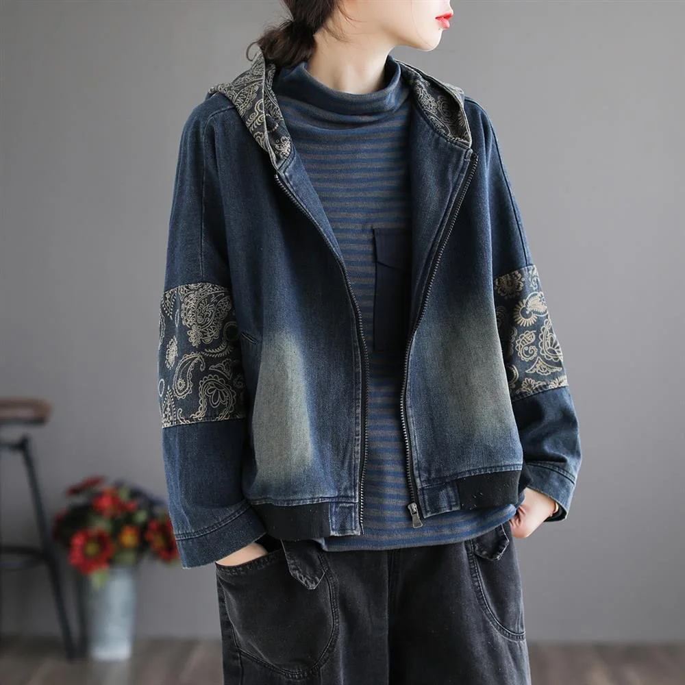 Aricaca Cool Literary Retro Stitching Jacket Women High Quality Vintage Ripped Denim Coat