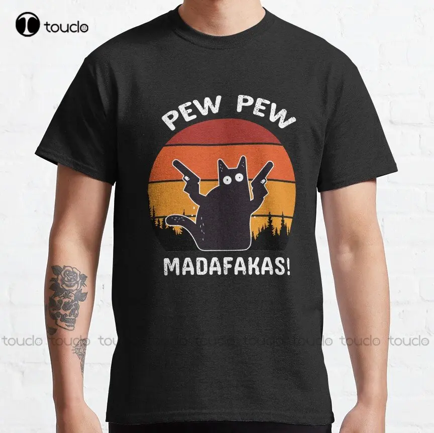 Vintage Retro Black Cat Pew Pew Madafakas! Funny Cat Pew Pew Madafakas! T-Shirt Classica Divertente Arte Streetwear Cartoon Tee Xs-5Xl