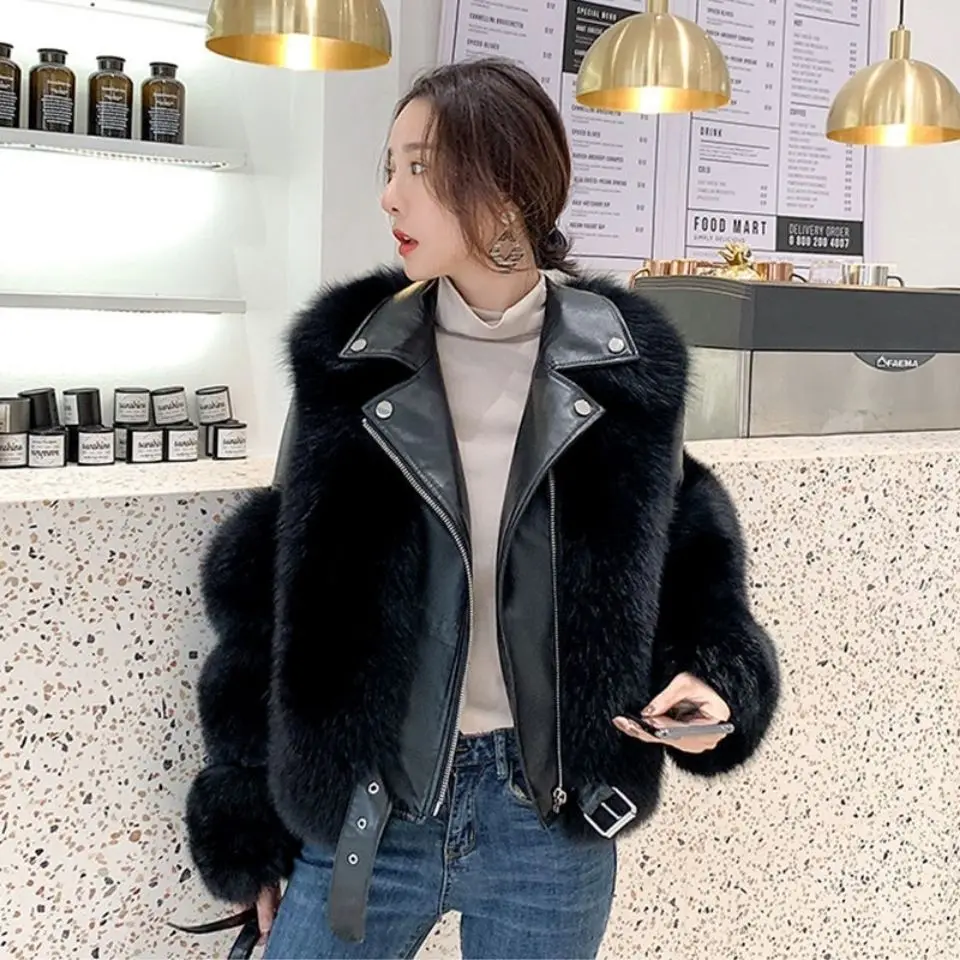 Imitation Winter New Faux Fur Women's Motorcycle Wear Short And Cotton Coat With Leather Fur Splice For Slim Stylish And Warm
