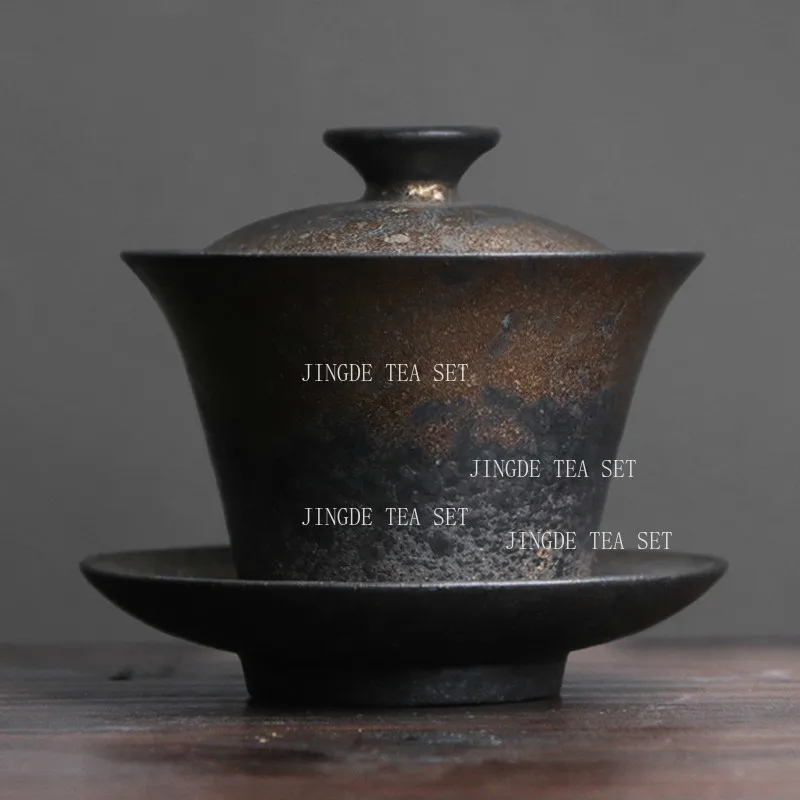 1pcs Coarse Pottery Covered Bowl Chinese Tea Set High-end Retro Gilded Rust Glazed Tea Cup Gaiwan