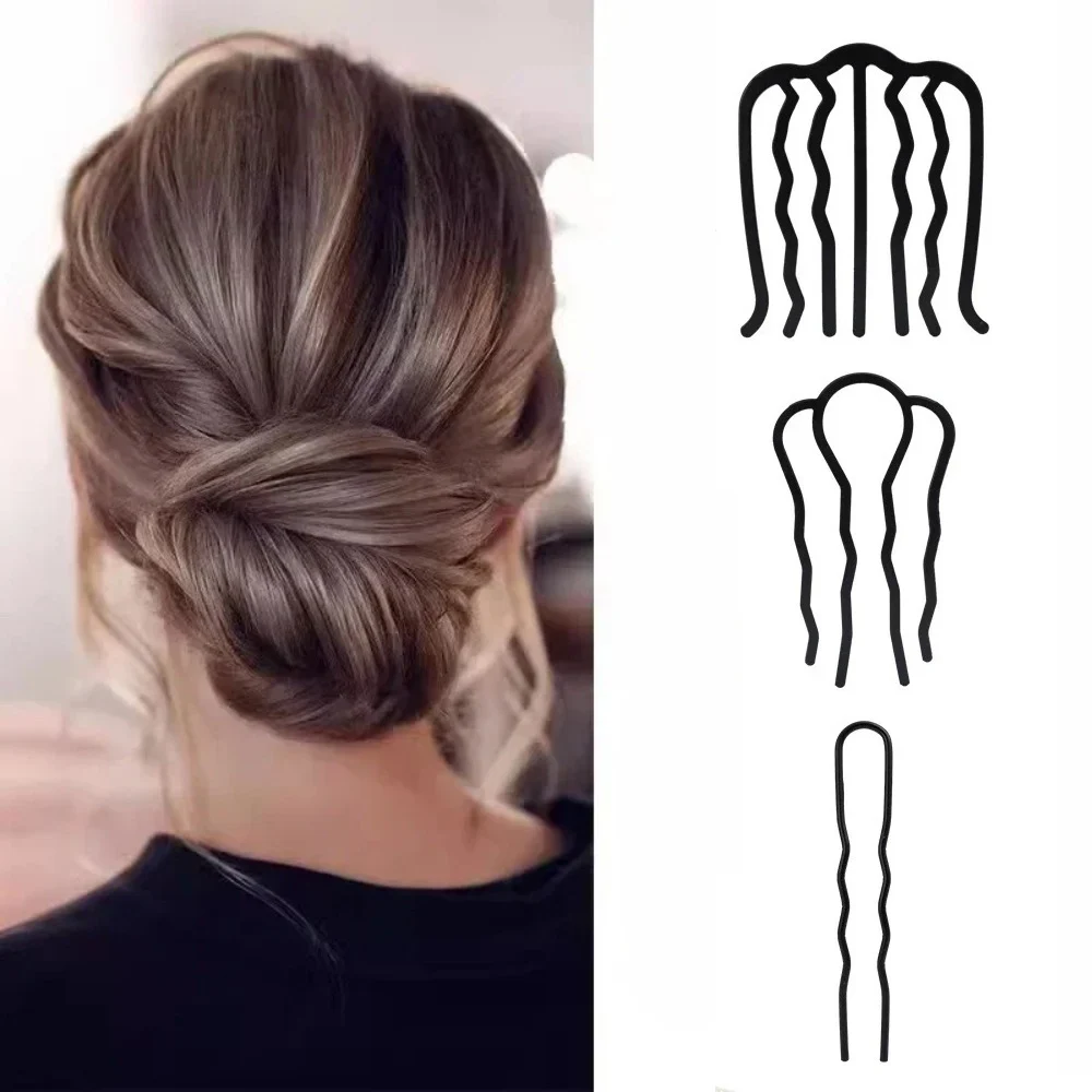 3 stücke Schwarz Metall U Form Haarnadel Kamm Flechten Twist Gabel Lockige Hochsteckfrisur Sticks Messy Bun Haar Styling Werkzeuge für Frauen lange Haar