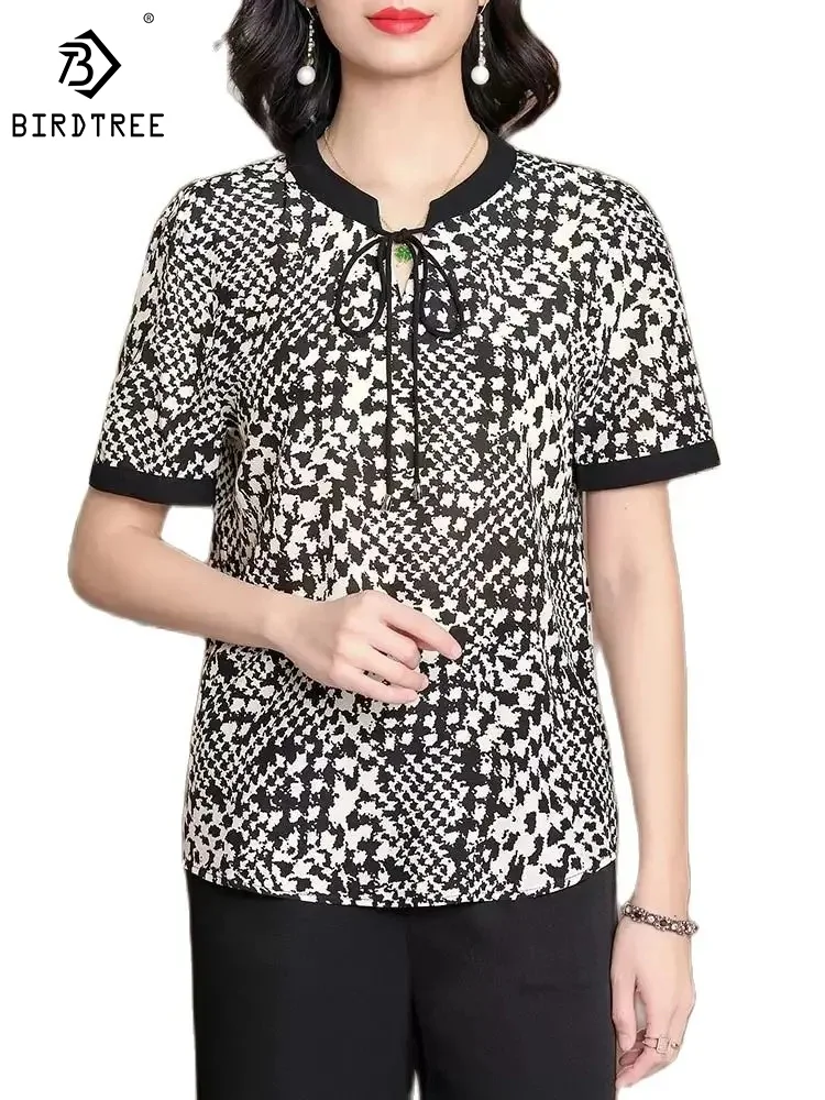 

100% шелковая рубашка BirdTree для женщин, с коротким рукавом и воротником-стойкой, с принтом, модные элегантные офисные блузки, весна 2024, топы T42320QM