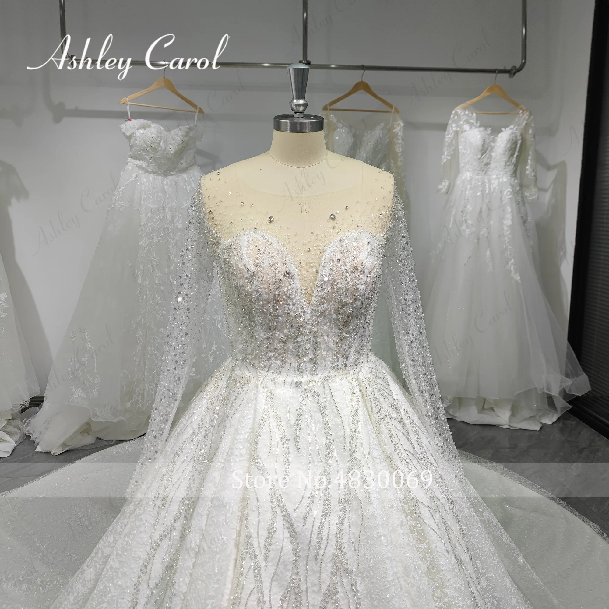 Ashley Carol Long Sleeve Wedding Dress Real photos 2023 Shining Beading Lace Up Invisible Neckline Wedding Gown Vestido De Novia 3