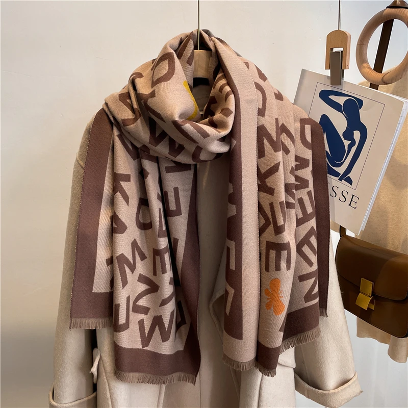 

Winter Thick Letter Design Women Scarf Shawl Wraps 2022 Cashmere Tassle Pashmina Blanket Bufanda Double Side Scarves