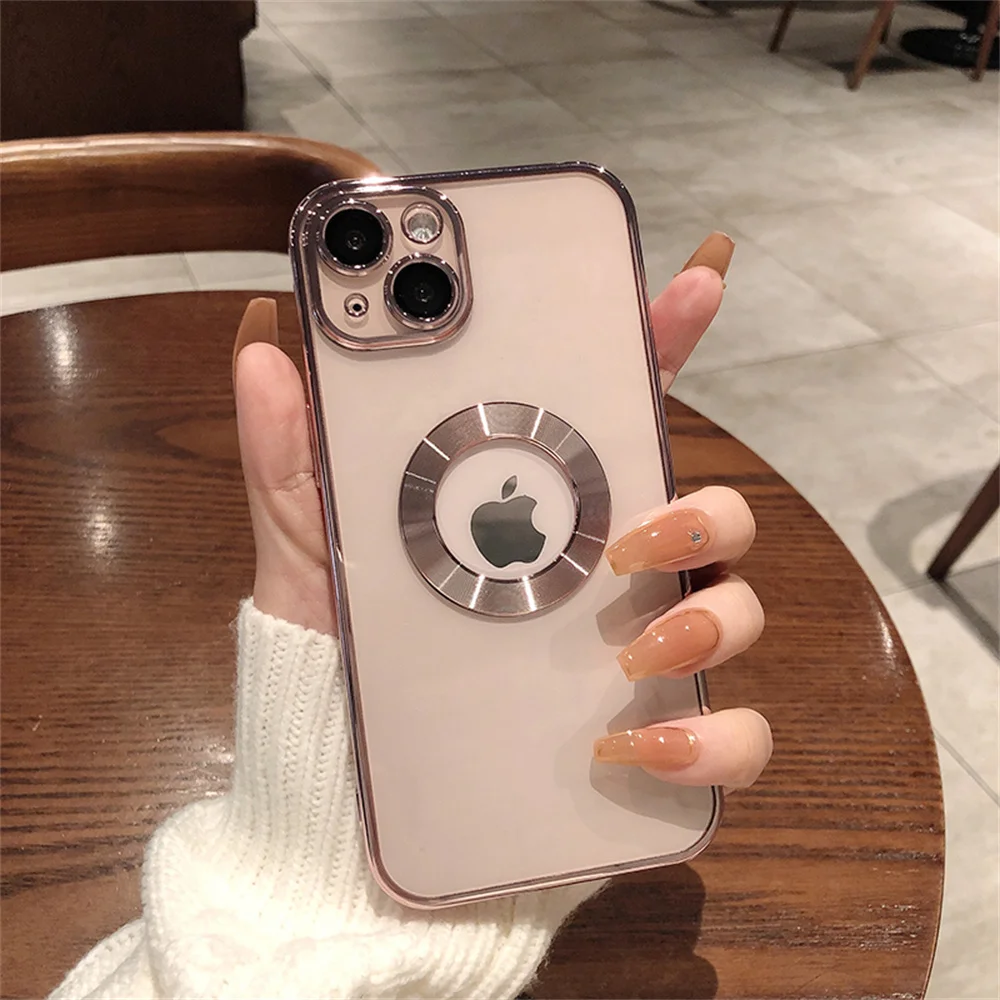 iphone 12 pro max clear case Luxury Transparent Charm Logo Hole Plating Frame Case For iPhone 13 12 11 Pro XS Max XR X 8 7 Plus SE3 Camera Protection Cover iphone 12 pro max clear case