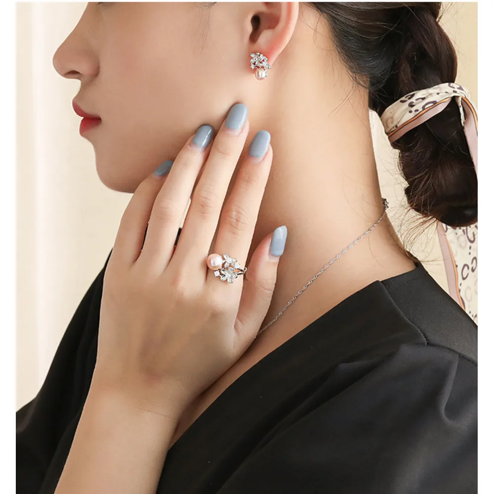 D838 minimalistischen temperament intarsien perle halskette S set frauen ohrringe ring personalisierte silber schmuck_voghion.com