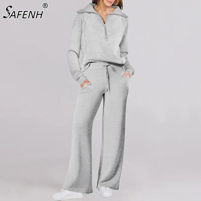 

1 шт. Повседневный Женский однотонный спортивный свитшот на молнии с длинным рукавом и брюки костюм для женщин 2024