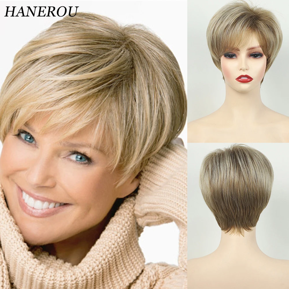 

HANEROU Ombre Pixie Cut Wigs Short Synthetic Women Natural Straight Gray Blonde Hair Heat Resistant Wig for Daily Party Cosplay