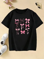 Vibrant Pink Bow Graphic Kids' Casual T - Shirt - 160 (BLACK)