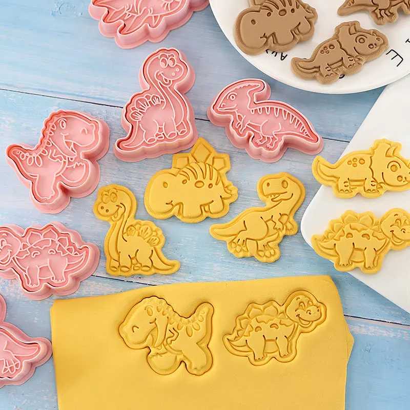 Cartoon Dinosaur Cookies Cutters 8Pcs Set Plastic Pressable Biscuit Mold Confectionery Cookie Stamp Baking Pastry Bakeware Tools