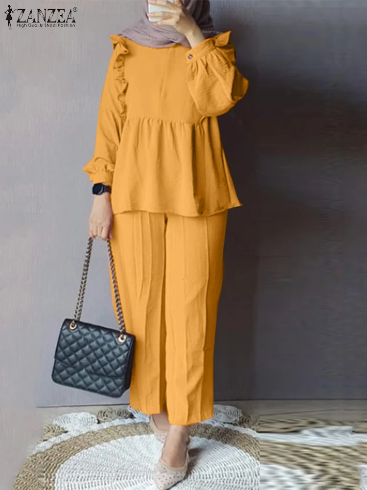 

2023 ZANZEA Muslim Fashion Suit Ruffles Long Sleeve Blouse Loose Pants Spring Solid Vintage Outifits Party Tracksuits Ramadan