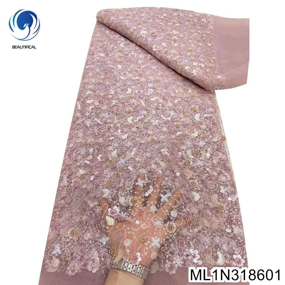 

New Design Gentle Party Dress French Handmade Beaded Tulle Lace African Latest Sequins Mesh Fabric Cloth ML1N3186