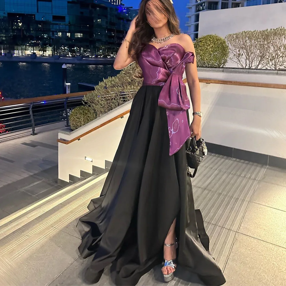 

Contrast Color A-line Prom Gown Strapless Pleat Side High Slit Backless Sleeveless Party Evening Dresses فساتين للحفلات الراقصة