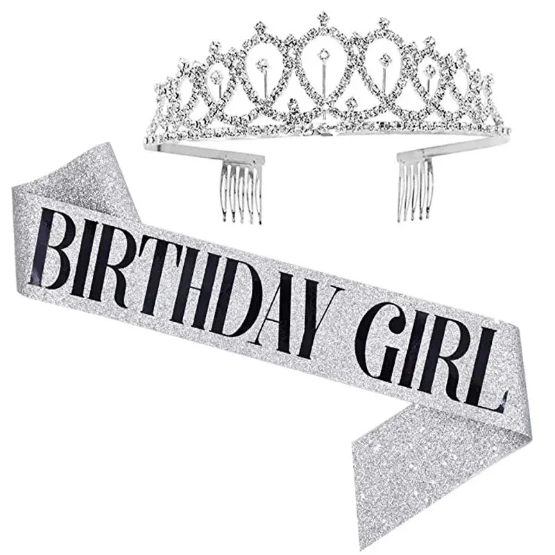 Bling Rhinestone Crystal Crown Tiara Birthday Anniversary Decoration Happy 18 21 30 40 50th Birthday Satin Sash Party Supplies party supplies