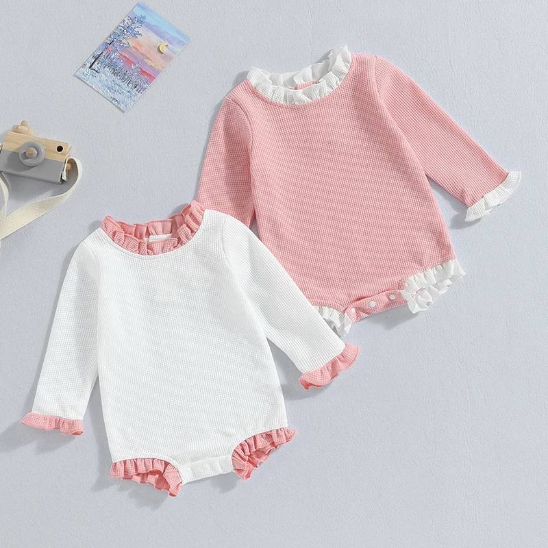 

Baby Clothing Girl Fall Long Sleeve Romper Ruffle Collar Contrast Color Waffle Bodysuit Newborn Items Clothing