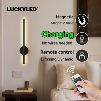 Lukcyled 충전식 무선 LED 벽 램프, 리모컨 디밍 침실 램프, 욕실 조명, 모던 라이트 블랙, 50 cm, 80cm