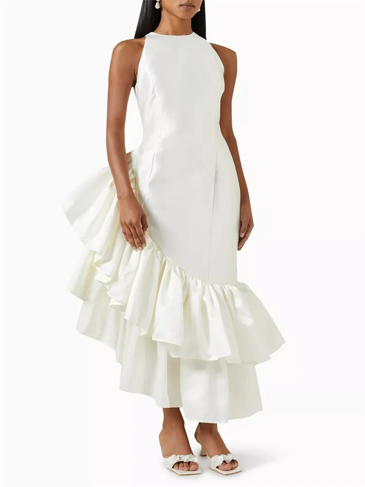 Heißer Verkauf runder Ausschnitt Satin gerades Abendkleid eleganter Rücken Reiß verschluss boden lang asymmetrisch gekräuseltes Saum kleid für Frauen