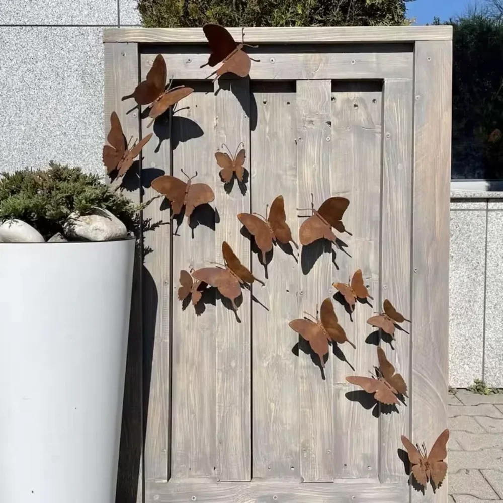15 Pcs Creative Rustic Metal Butterfly Outdoor Wall Art Decor Rusty Metal Garden Decor Garden Fence Yard Decoration Crafts garden decoration metal butterfly ornaments