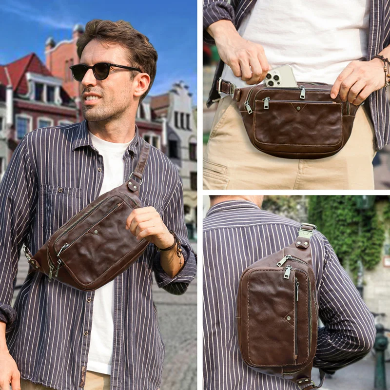 OYIXINGER Genuine Leather Fanny Packs For Men Waist Pack Men's Belt Bag 2024 Luxury Designer Phone Bags Male Crossbody Chest Bag