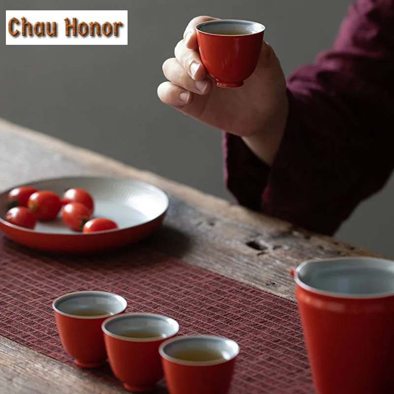 2pc/Set Coral Red Glaze Ceramic Tea Cup Household Single Teacup Personal Master Cup Small Guest Cup Kung Fu Puer Tea Ceremony