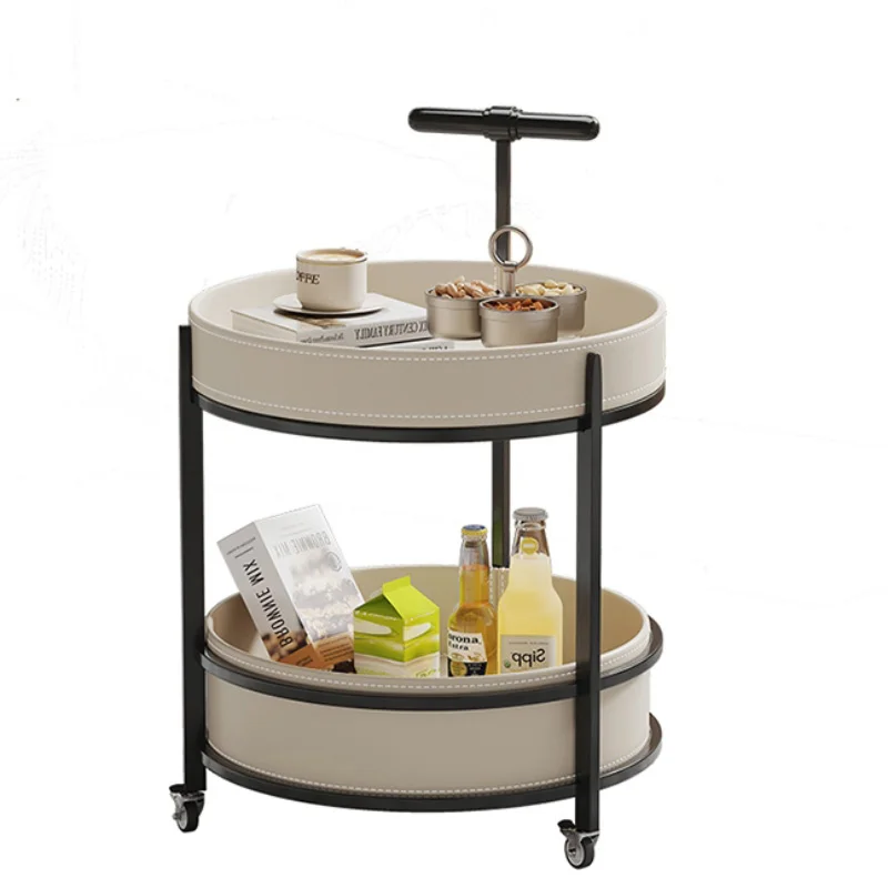 Cosmetologist Trolley Italian Saddle Leather Small Cart Sofa Side Movable with Wheels, Tea Table, Snack Storage Professional