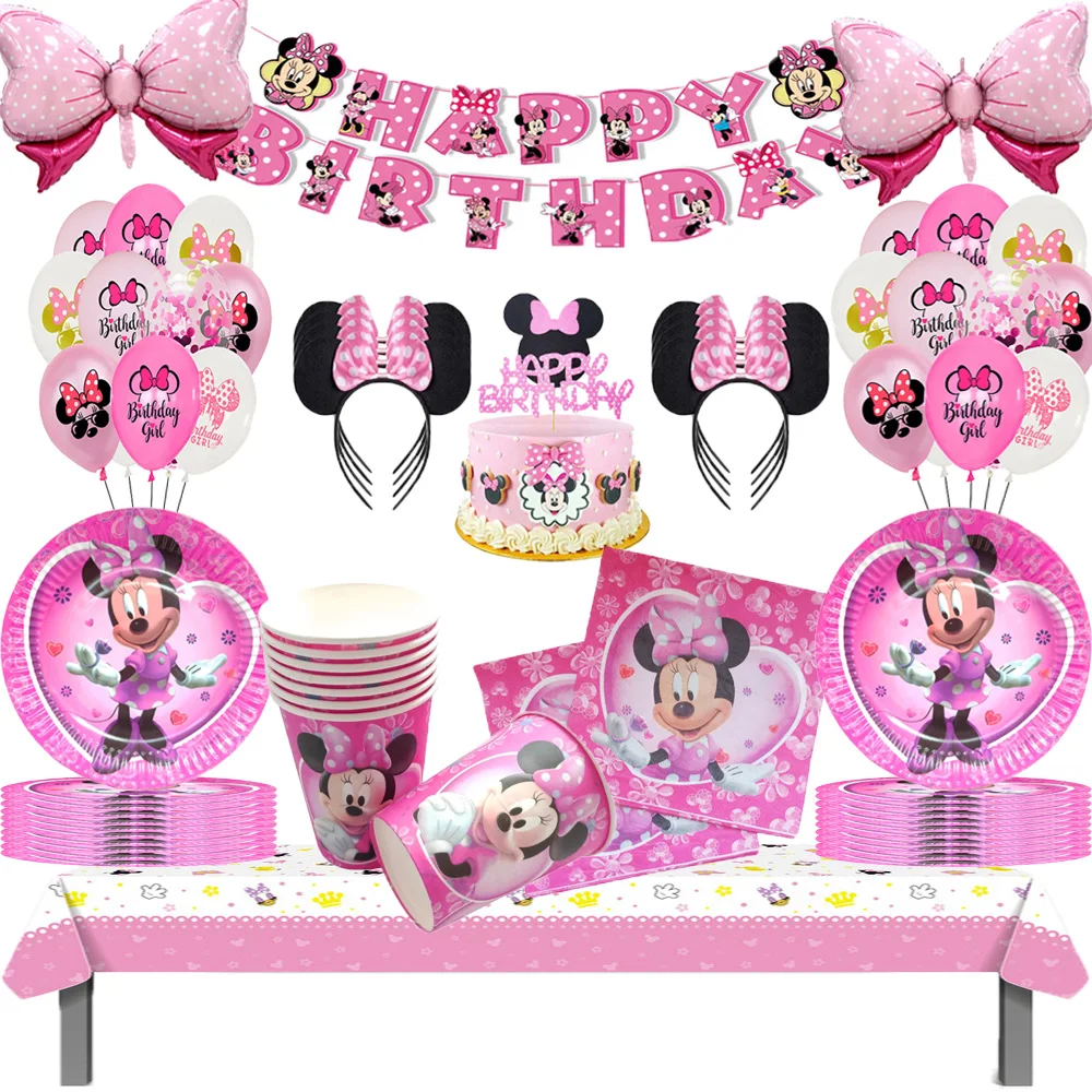 

Disney Minnie Mouse Theme Baby Shower Disposable Tableware Kids Girls Favorite Minnie Happy Birthday Party Decorations Supplies