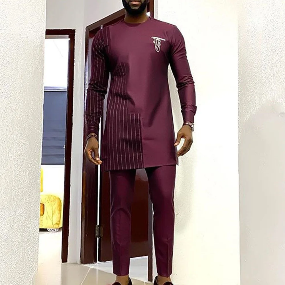 Kaunda Men's Suits Kaftan Outfits Round Neck Striped Print Long-sleeved African Ethnic Style Men's Sets Traditional Clothing