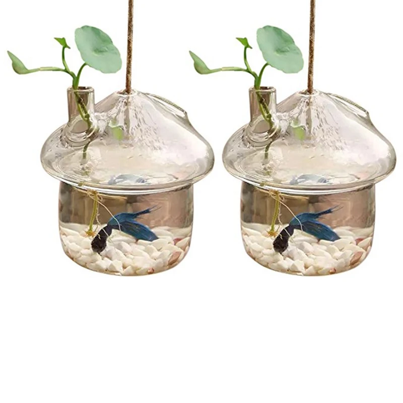 

2X Mushroom-Shaped Hanging Glass Planter Vase Rumble Fish Tank Terrarium Container Home Garden Decor