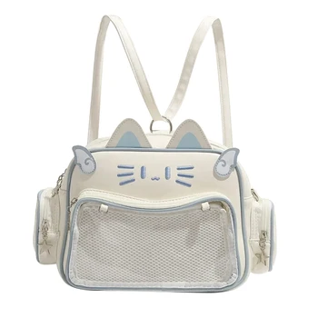 Zaini Moda Donna Y2K Stile Coreano Giapponese Kawaii con Gatto, Borsa Ita in PU, Borse a Tracolla Estetiche con Tasca Trasparente per Ragazze