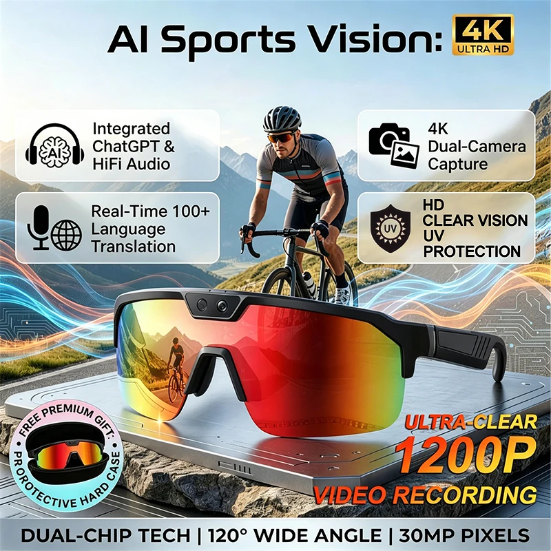 Occhiali Smart Sportivi - Per Ciclismo e Corsa - Registrazione Video HD 800W - Traduzione AI - Chiamate e Musica Bluetooth - Occhiali Intelligenti