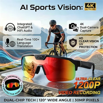 Occhiali Smart Sportivi - Per Ciclismo e Corsa - Registrazione Video HD 800W - Traduzione AI - Chiamate e Musica Bluetooth - Occhiali Intelligenti
