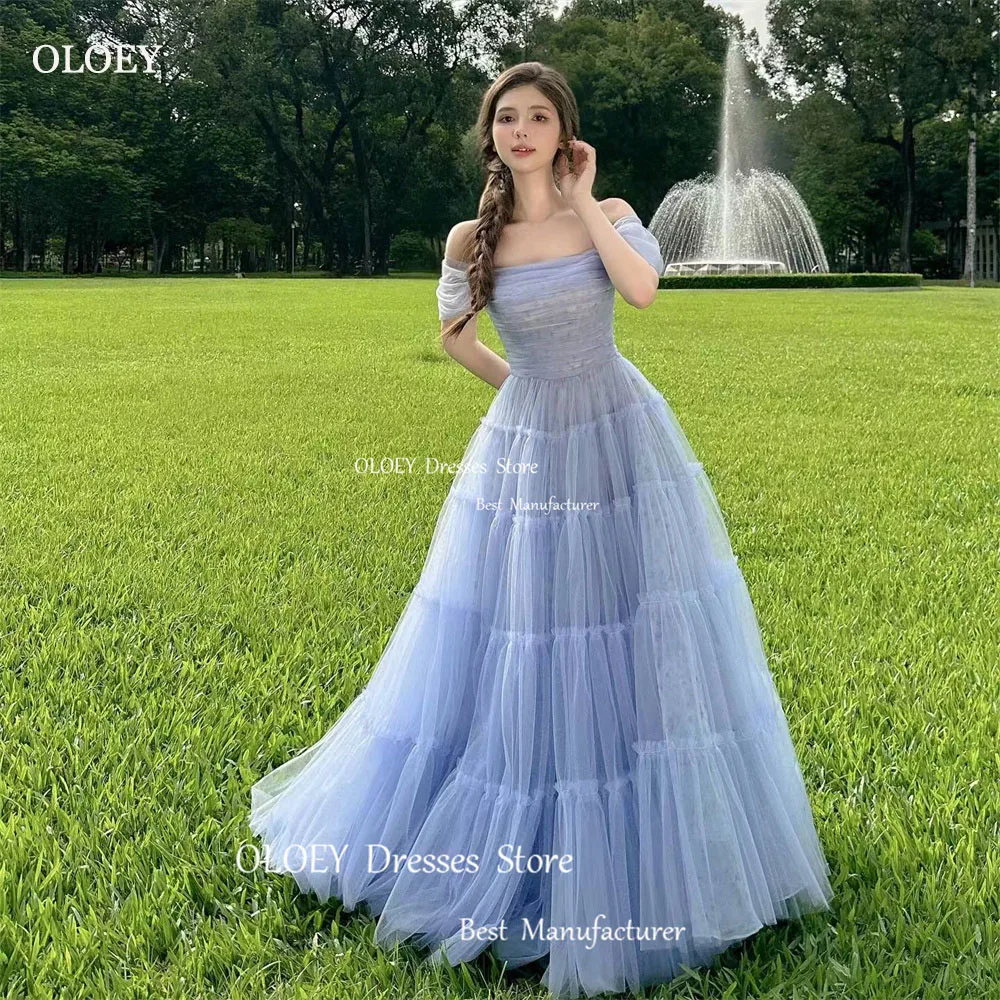 

OLOEY Blue Tulle A Line Off The Shoulder Ruched Evening Gown Dresses Zipper Back Spaghetti Strap Floor Length Formal Bride Gowns