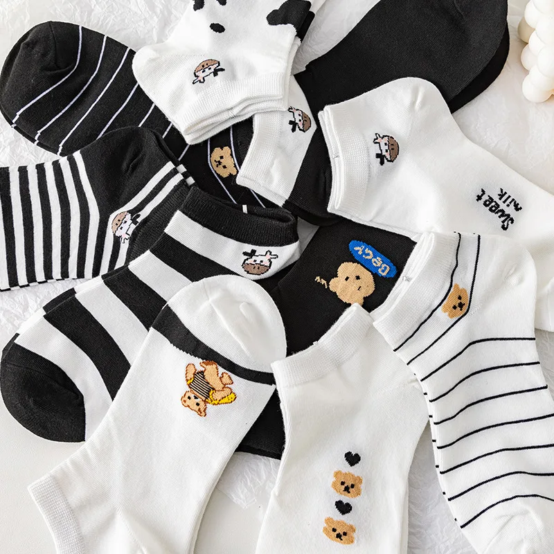5 paia di calzini bassi con stampa di mucca da donna, estivi, corti, cartoni animati, calzini alla caviglia, carino Asakuchi, traspiranti, per ragazza, piedi, Sokken Set_voghion.com