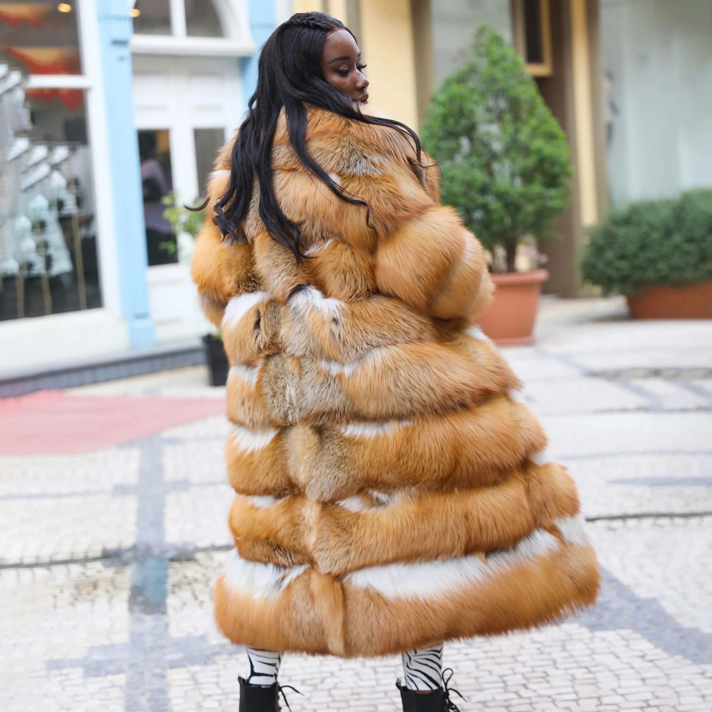 Winter Long Natural Red Fox Fur Big Fur Collar Beautiful Genuine Leather Coat