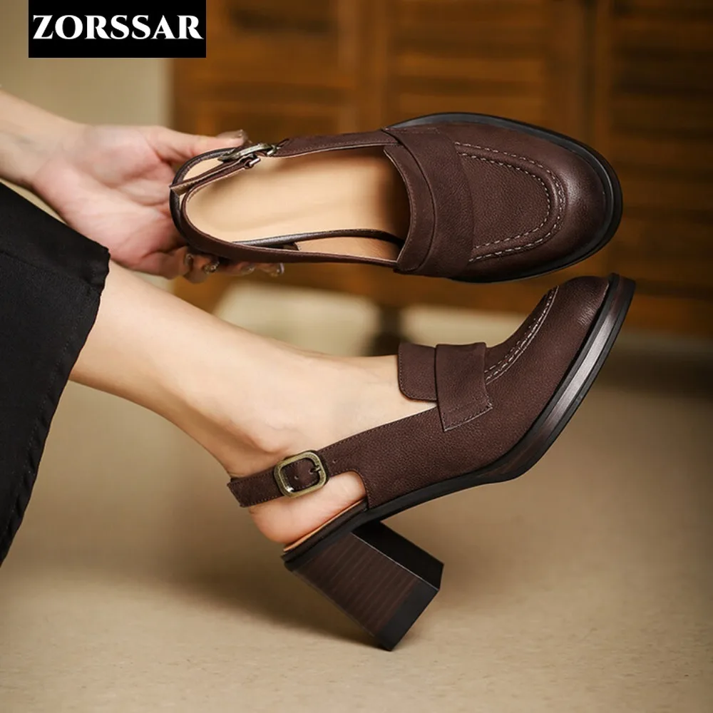Women Chunky High Heels Pumps Female Summer Sandals Suede Slingbacks Shoes Woman Luxury Retro Design Ankle Straps Party Shoe