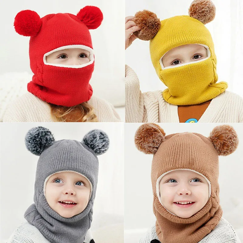 Winter Warm Children Balaclava Hats Hooded Scarf Baby Thicken Windproof Ear Protect Pompom Hats Kids Hooded Scarf for Boys Girls 1