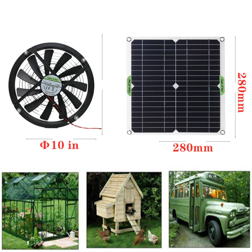 20W 12V Solar Exhaust Fan Air Extractor 10 inch Mini Ventilator Solar Panel Powered Fan for Dog Chicken House Greenhouse RV