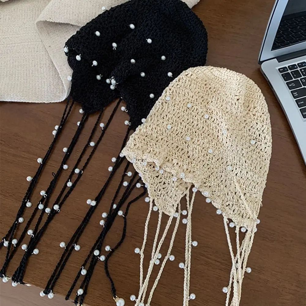 Crochet Flower Hollow Pearl Tassels Knitted Hat Beanies Weave Cap Knit Cap Hollow Out Korean Ethnic Style Hat 6