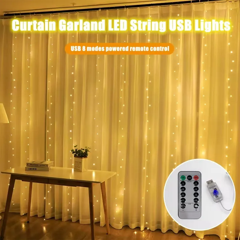 Remote Control Curtain Garland String Lights LED Warm Light 8 Modes USB Bedroom Holiday Wedding Decoration Fairy Lights for Home