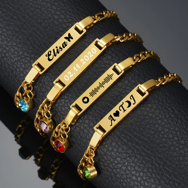 Custom Engraved Date Name Baby Chain Bracelet 12 Colors Birthstone Stainless Steel Children Bracelets Kid Personalized Jewelry