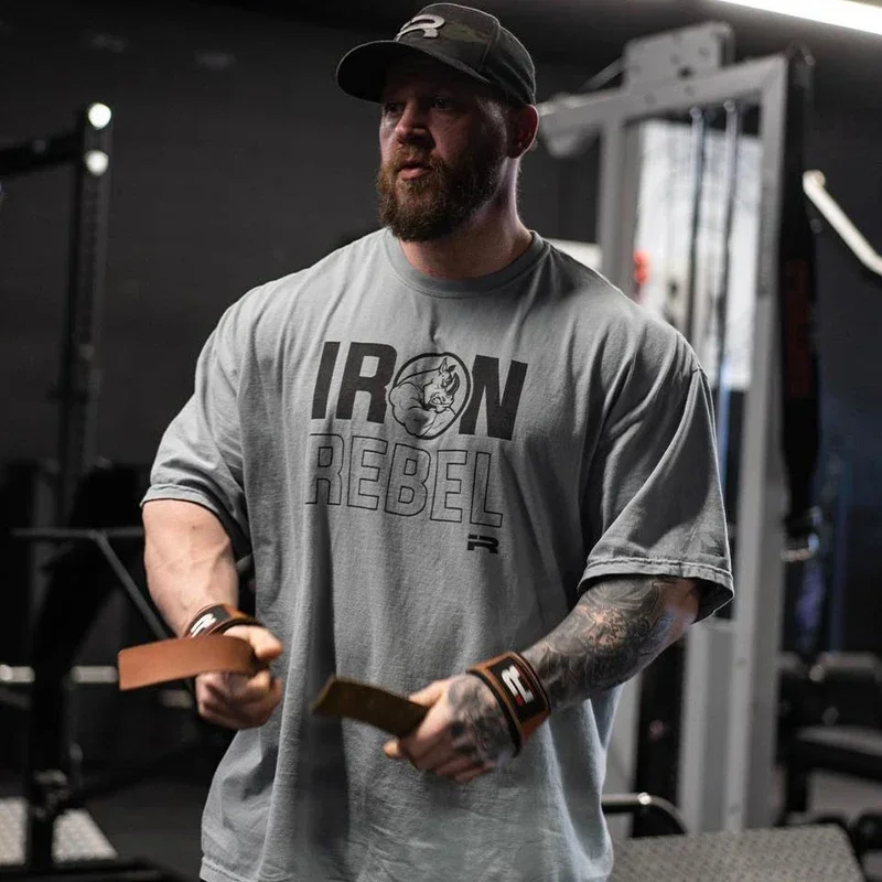 Gym Fitness T-shirt Summer New Loose Large Men Short Sleeve IR Rhino Muscular Tee Fitness Joggers Crew Neck T Shirt Tops 1