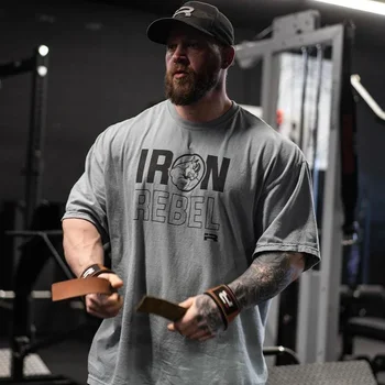 Gym Fitness T-shirt Summer New Loose Large Men Short Sleeve IR Rhino Muscular Tee Fitness Joggers Crew Neck T Shirt Tops 1