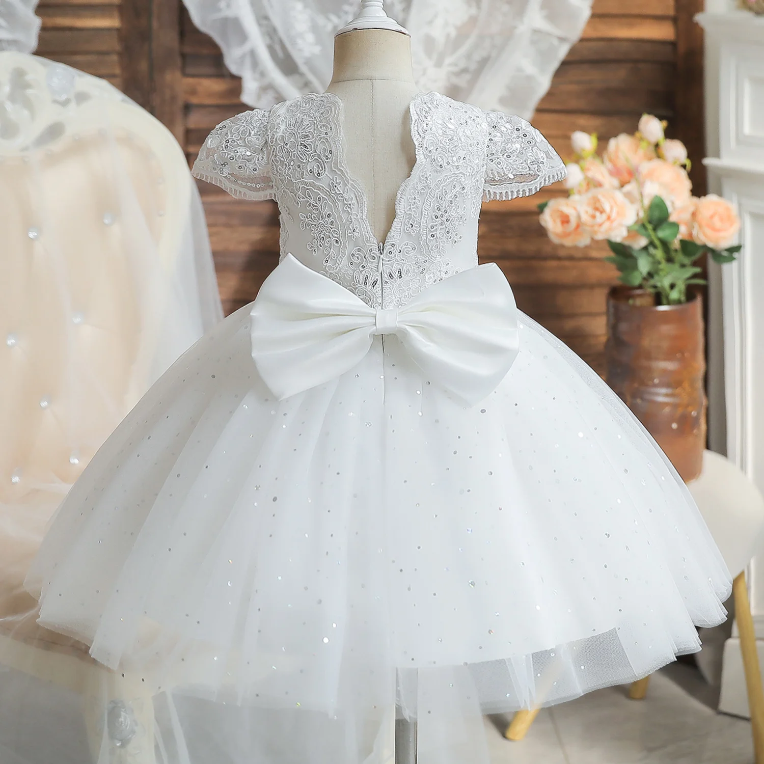 Baby Dresses For Girls Christmas Toddler Kids Flower Lace Elegant Princess  Birthday Gown Children Wedding Party Tulle Dr Kid Size 4T Color Pink2
