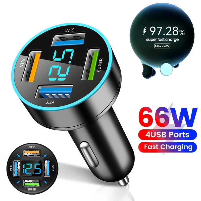 66W 4-Port USB Car Charger Adapter 4USB-A PD QC3.0 Fast Charging