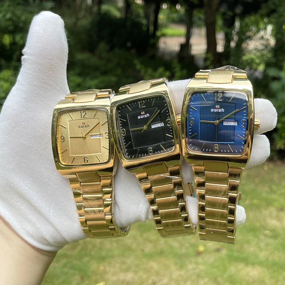 SWISH Gold Square Luxury Quartz Men Watch Relogio Masculino Calendar  Weekday Male Wristwatch Two Tone Gold Stainless Steel